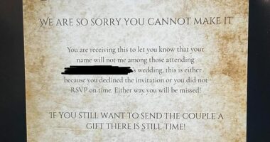 A bride-to-be has been 'torn apart' over a 'tacky' and 'cringe' card she sent out to guests who declined her wedding invitation or failed to RSVP on time