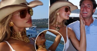 Brooks Nader suffers wardrobe malfunction while on a yacht in Italy