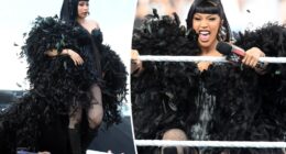 Cardi B hosts WWE SummerSlam in a yards-long feathered cape and corset