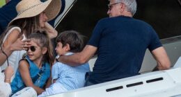 George, 64, Amal, 47, and their eight-year-old twins Ella and Alexander (all pictured) joined a mixed group of friends on Lake Como