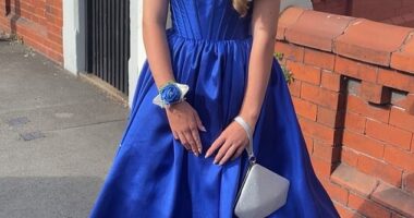 Jessica Robinson, 11, left her primary school prom last month in tears when a bully 'repeatedly stamped-on' her £450 blue dress as others 'filmed it and laughed' while it was 'torn to pieces'