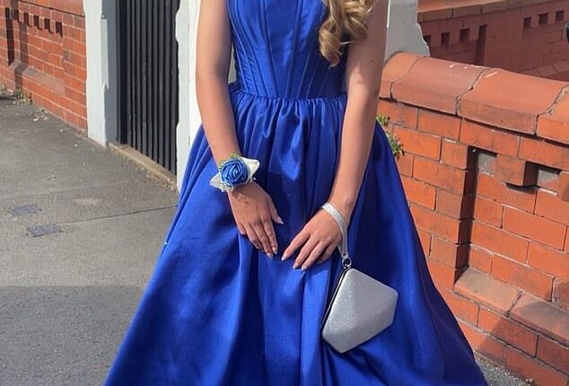 Jessica Robinson, 11, left her primary school prom last month in tears when a bully 'repeatedly stamped-on' her £450 blue dress as others 'filmed it and laughed' while it was 'torn to pieces'
