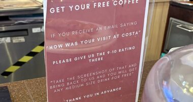 A sign was propped up which offered 'any medium size drink for free' if customers showed proof that they had given the store a rating of nine or ten in a feedback email