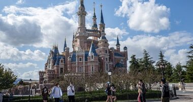 A man at Shanghai Disneyland in China was reportedly banned for two years after he jumped on stage during a show and tried to dance with a character. Shanghai Disneyland is seen
