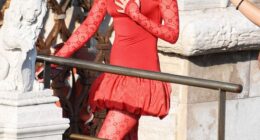 Lilly Collins arrives at the Palazzo Franchetti in Venice on August 16 as filming continues for the new season of Emily in Paris
