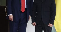 Donald Trump greets Ukrainian President Volodymyr Zelensky at the White House on August 18, 2025 in Washington, DC