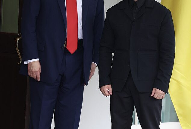 Donald Trump greets Ukrainian President Volodymyr Zelensky at the White House on August 18, 2025 in Washington, DC