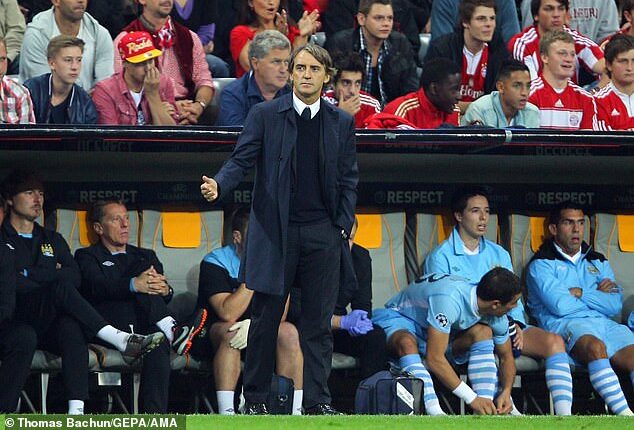 Carlos Tevez (furthest right) refused to come off the bench for Manchester City against Bayern Munich in 2011 and was banished from the first team for five months