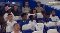 Chelsea fans spotted Liam Delap's reaction to Joao Pedro's goal against Bayer Leverkusen