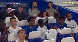 Chelsea fans spotted Liam Delap's reaction to Joao Pedro's goal against Bayer Leverkusen