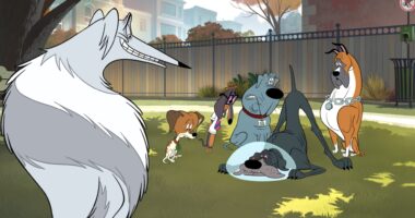 FIXED (L to R) Beck Bennett as Sterling, Bobby Moynihan as Lucky, Fred Armisen as Fetch, Adam Devine as Bull, Aaron LaPlante as Luther and Idris Elba as Rocco in FIXED. Cr. COURTESY OF NETFLIX © 2025