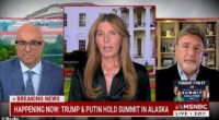 MSNBC host Nicolle Wallace (pictured center) claimed Donald Trump 'doesn't give a s*** about democracy' in a profanity-laced tirade about the president's meeting with Vladimir Putin