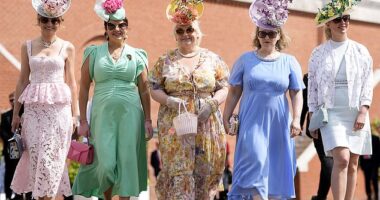 A group of friends arrive at the Chichester racecourse, wearing co-ordinating frocks in a range of pastel tones
