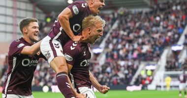 Harry Milne leads the celebrations after Hearts take the lead against Aberdeen at Tynecastle