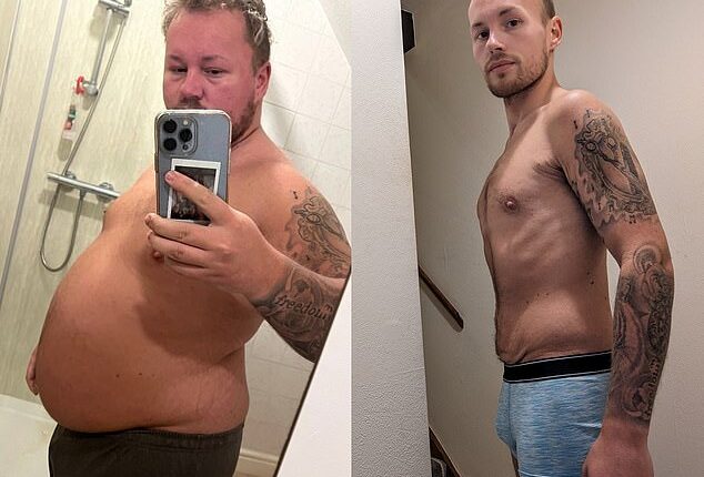 A man who ballooned to 20 stone after bingeing on takeaways and three litres of Coke a day has halved his body weight in one year (Pictured: Joshua Hilton before and after his 10 stone weight loss)