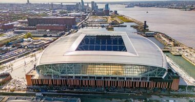 Everton's new Hill Dickinson Stadium on the Bramley-Moore Dock