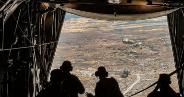 Inside the aid drops onto Gaza’s torched ruins – with the starving too weak to fight for food