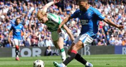 Cyriel Dessers scores for Rangers in the 1-1 draw with Celtic at Ibrox last May