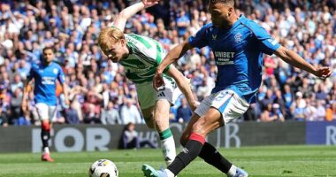 Cyriel Dessers scores for Rangers in the 1-1 draw with Celtic at Ibrox last May