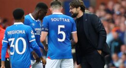 Rangers manager Russell Martin speaks to his skipper John Souttar during Tuesday's play-off