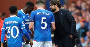 Rangers manager Russell Martin speaks to his skipper John Souttar during Tuesday's play-off