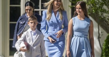 Ivanka Trump, the daughter of US President Donald Trump, and her children Theodore Kushner (left), and Arabella Rose Kushner, 14,  arrive for an event celebrating the Philadelphia Eagles, 2025 Super Bowl champions, at the White House on April