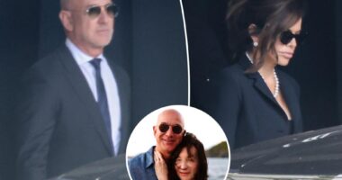 Jeff Bezos supported by Lauren Sanchez at his mom's funeral