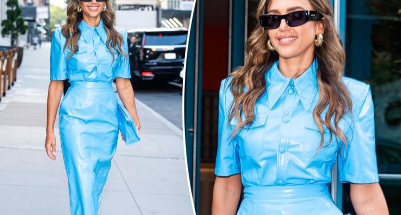 Jessica Alba is all business in blue as she basks in a post-vacation glow