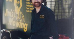 Aussies were stunned by the likeness between the instantly-recognisable Jim's Mowing business logo and the appearance of brand founder Jim Penman as a young man