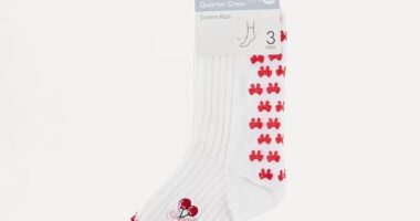 Fitness lovers were quick to spot the pilates-perfect Kmart Frill Quarter Crew Non-Slip Socks $8 in the new Love Cherry Multi design