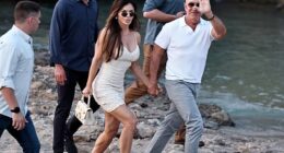 Lauren Sanchez struggled to keep her footing during a double dinner date with husband Jeff Bezos as pair are joined by Leonardo DiCaprio and Vittoria in Ibiza on Sunday