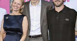 Liam Neeson's (M, pictured last Monday) son Daniel Jack Neeson (R) reacted to his surprising romance with his Naked Gun leading lady Pamela Anderson (L), by commenting on her Instagram post featuring the coy couple last Friday
