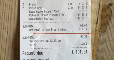Taking to Reddit one customer from The Pig and Butcher in Islington, highlighting a discretionary £1.23 'Carbon Free' fee that had been added to their total meal price
