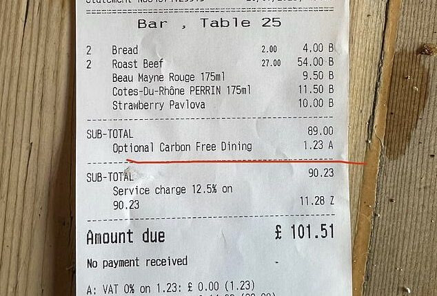 Taking to Reddit one customer from The Pig and Butcher in Islington, highlighting a discretionary £1.23 'Carbon Free' fee that had been added to their total meal price