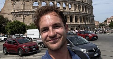 Kevin Droniak takes 24-hour trips to various exotic destinations around the globe. He's seen in Italy