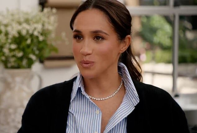 Meghan Markle appeared today to take a new swipe at the royal family as she appeared on a podcast to promote her Netflix show (pictured in season two of With Love, Meghan)