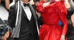 Meryl Streep put on a very glamorous display in sweeping red gown as she joined Stanley Tucci on set of Devil Wears Prada 2 before filming in NYC on Friday