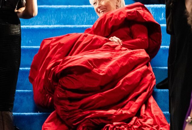 Meryl Streep took a tumble on a set of stairs while filming in her iconic role in Devil Wears Prada 2 in a billowing scarlet gown and towering heels