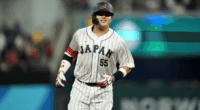 Munetaka Murakami playing for Team Japan, a power-hitting corner infielder drawing MLB interest as Mets president David Stearns scouts him in Tokyo.