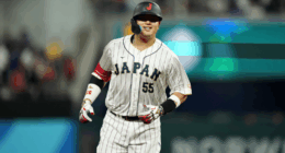 Munetaka Murakami playing for Team Japan, a power-hitting corner infielder drawing MLB interest as Mets president David Stearns scouts him in Tokyo.