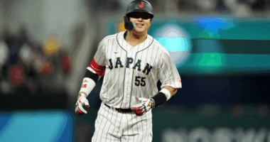 Munetaka Murakami playing for Team Japan, a power-hitting corner infielder drawing MLB interest as Mets president David Stearns scouts him in Tokyo.