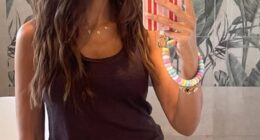 Michelle Keegan cut a chic figure in striped trousers as she shared a series of snaps to her Instagram Stories on Thursday