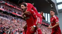 Dominik Szoboszlai celebrates after scoring the winning goal against Arsenal on Sunday