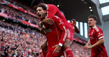 Dominik Szoboszlai celebrates after scoring the winning goal against Arsenal on Sunday