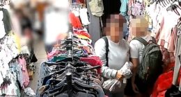 Moment brazen shoplifters stuff £100 of kids' clothes into rucksack from independent children's boutique