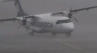 Wind gusts of nearly 100mph nearly overturned a plane stopped on the runway at Cagnano Airport in Corsica