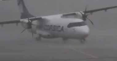 Wind gusts of nearly 100mph nearly overturned a plane stopped on the runway at Cagnano Airport in Corsica
