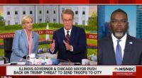 Morning Joe's Joe Scarborough, seen with wife and co-host Mika Brzezinski, was frustrated Tuesday when Chicago Mayor Brandon Johnson refused to answer a policing question with a yes or no answer