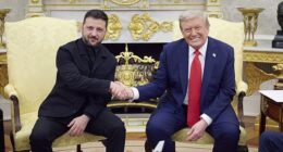 President Zelensky shakes hands with President Trump during talks on Monday