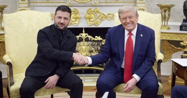 President Zelensky shakes hands with President Trump during talks on Monday